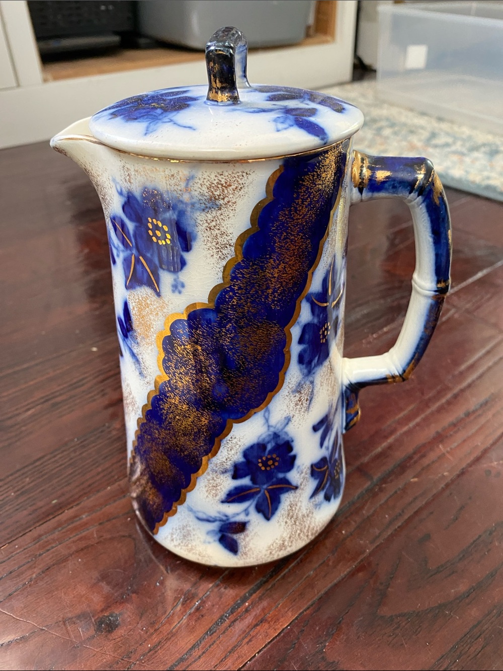 Antique Flow Blue Chocolate Pot Blossom Pattern Sampson Hancock Stoke on Trent